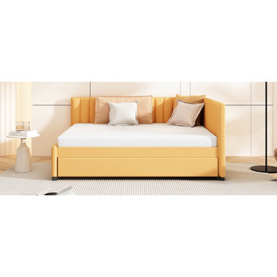 Yellow Linen Upholstered Daybed And Trundle, Solid Build, No Box Spring For A Modern Bedroom Interior Design Full Sized With Trundle In Yellow, Spring, Wood Frame Long Lasting Comfort