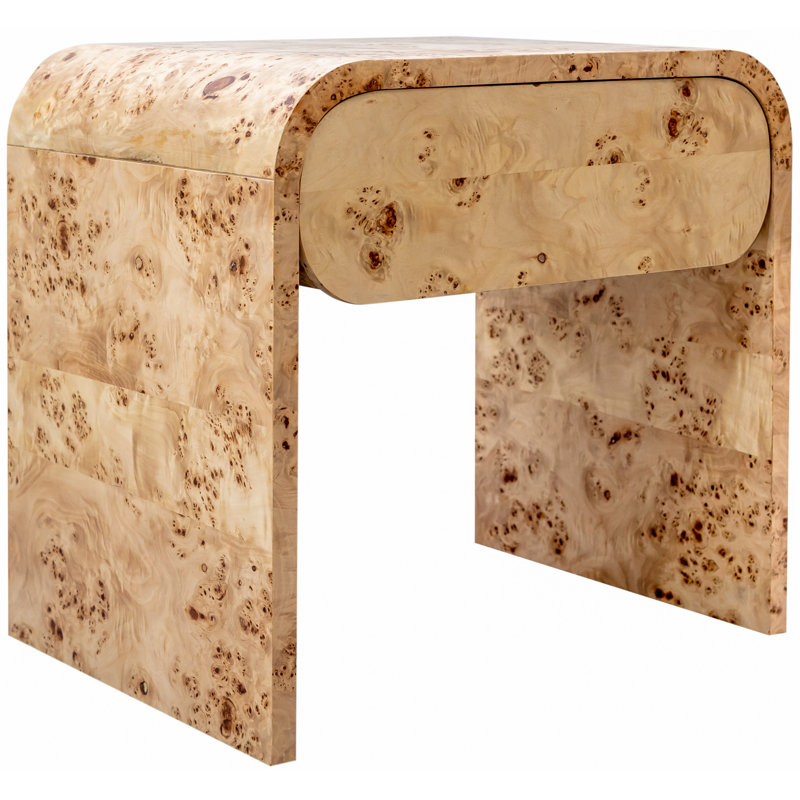 Burl Wood Curved Minimalist Nightstand with Single Drawer