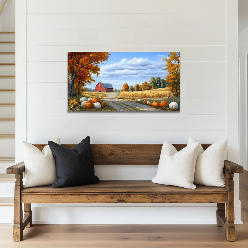 Grand art mural sur toile d'automne - citrouille, décoration murale, peintures d'automne campagnard, récolte, champ de maïs, art mural pour le salon
