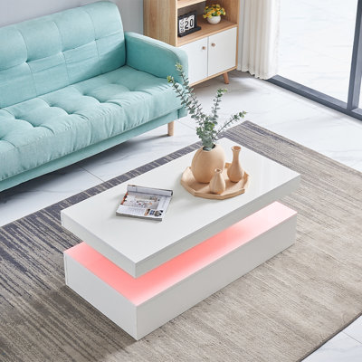 Modern Gloss White Coffee Table with 16 Colors LED Light 
