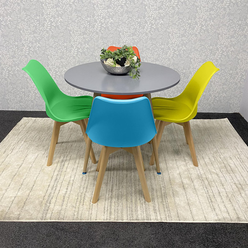 Round Grey Dining Table With Set Of 4 Mixed Colour Tulip Chairs