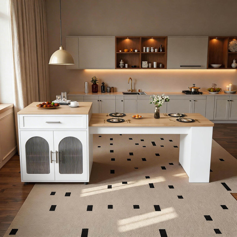 Table de salle à manger extensible 80 po pour îlot de cuisine, comptoir en grain de marbre avec prise de courant, station de préparation de cuisine avec support à vin