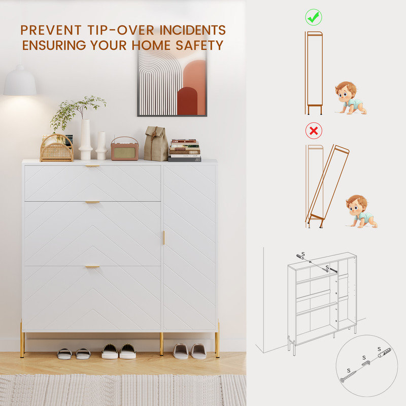MDF Shoe Storage Cabinet with Flip-up Drawers and Shelves, White, White