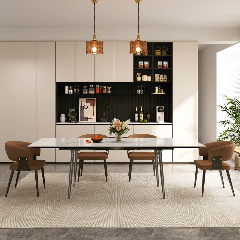 Expandable White Sintered Stone Dining Table And Chair Set, 11 Pieces: Table, 10 Chairs, Brown