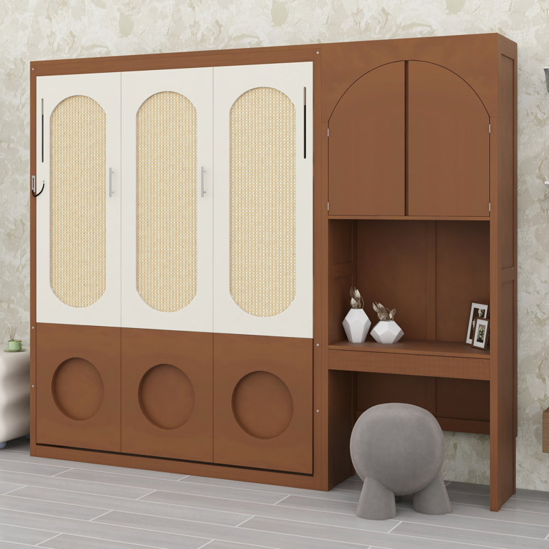Lit escamotable avec armoire de rangement latérale, bureau intégré, tiroirs et portes cintrées pour studios ou chambres d'amis