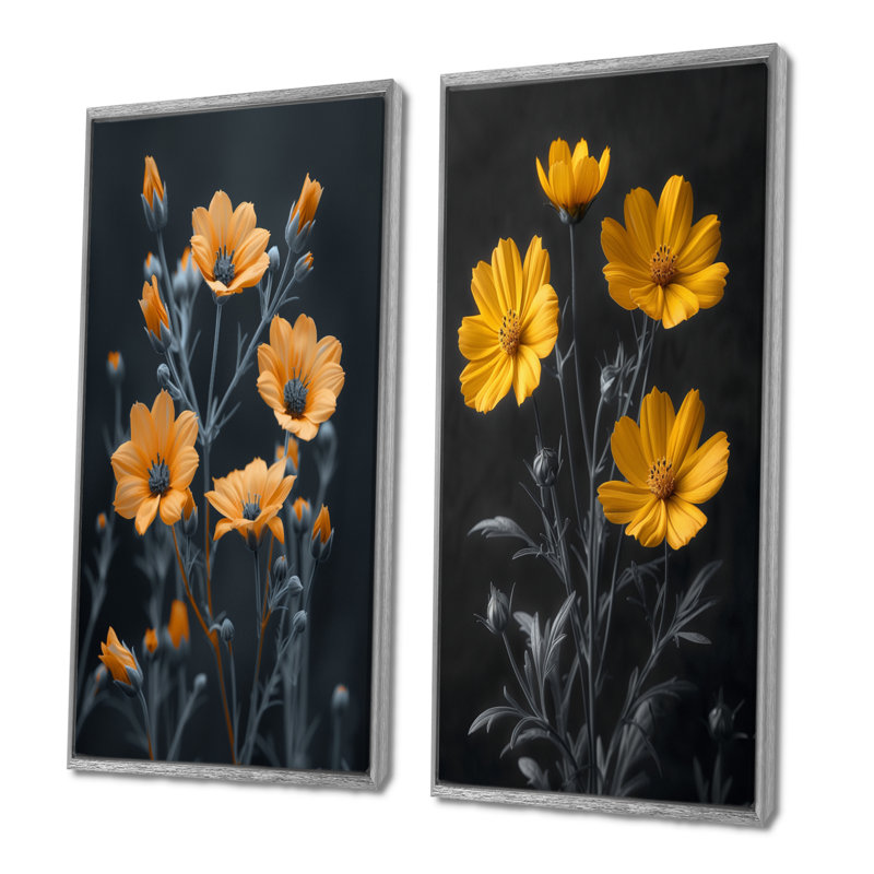 Ensemble de 2 pièces murales monochromes jaunes et grises Grace III - Bleuets, H 32 po x l 32 po, Encadrement argenté