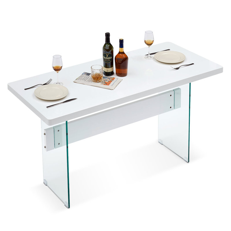 Modern 55 inches Rectangular Dining Table,High Glossy Glass Desk Table, White