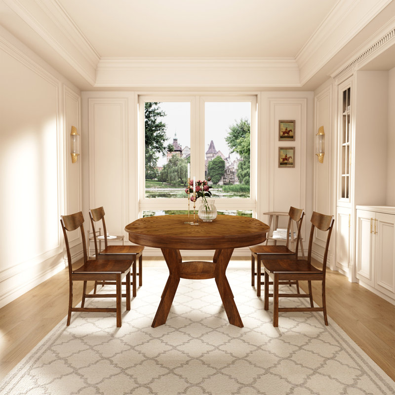 Round 43.7 To 59-Inch Extendable Solid Wood Dining Table Set For 4-6 Person