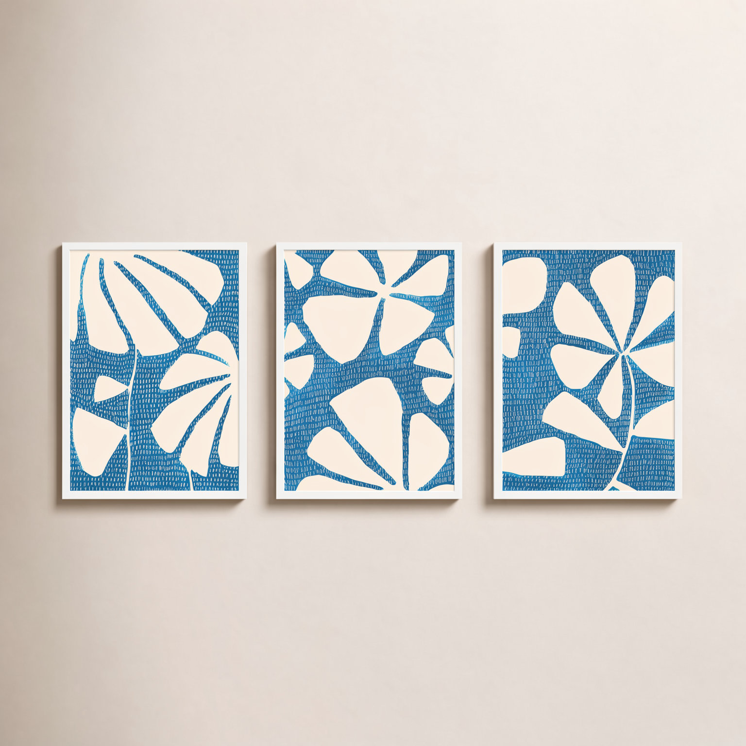 Ceramic Blue 3-6 3-Piece Print Set, White Picture Framed Paper, 38" H x 26.5" W