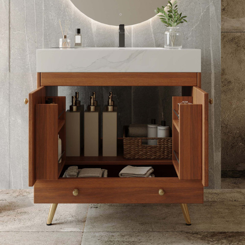 Meuble-lavabo autoportant de style Mid-Century avec comptoir en faux marbre et lavabo en céramique, armoire de rangement à double porte, bois d'ingénierie imperméable (robinet non inclus)