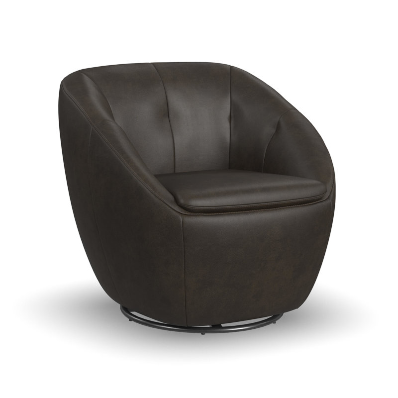Mechtildis Upholstered Swivel Barrel Chair, Dark Brown Leather Match