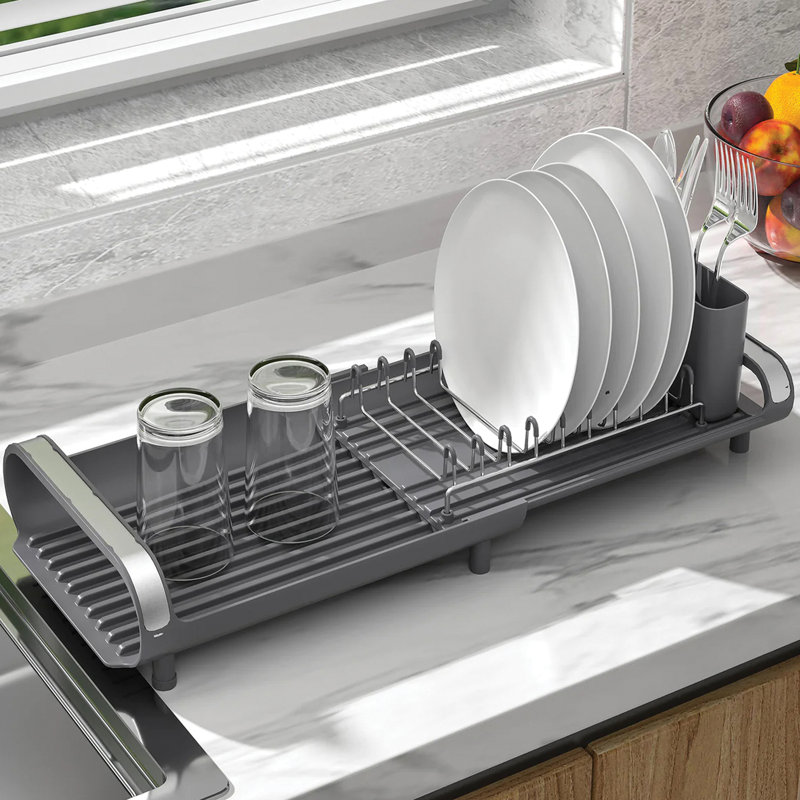 Compact Gray Metal Foldable Dish Rack with Utensil Cup