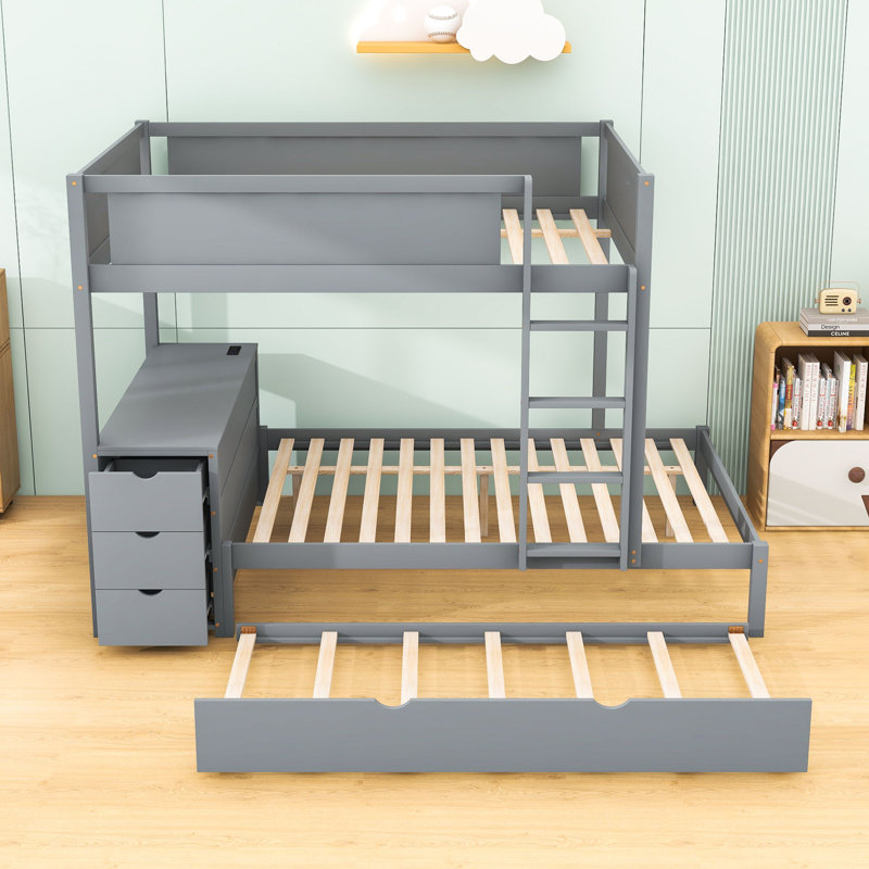 Bunk Bed With Twin Trundle, USB Outlets And Storage Drawers,Ladder, Gray, Full Over Full