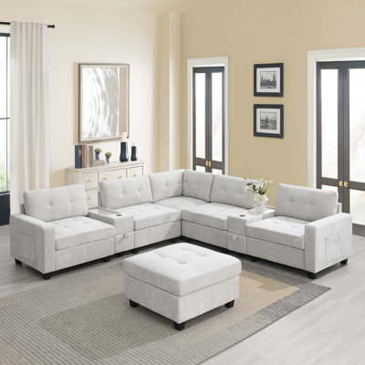 Canapé modulaire rembourré en chenille de 104 po avec repose-pieds mobile et 2 consoles multifonctionnelles