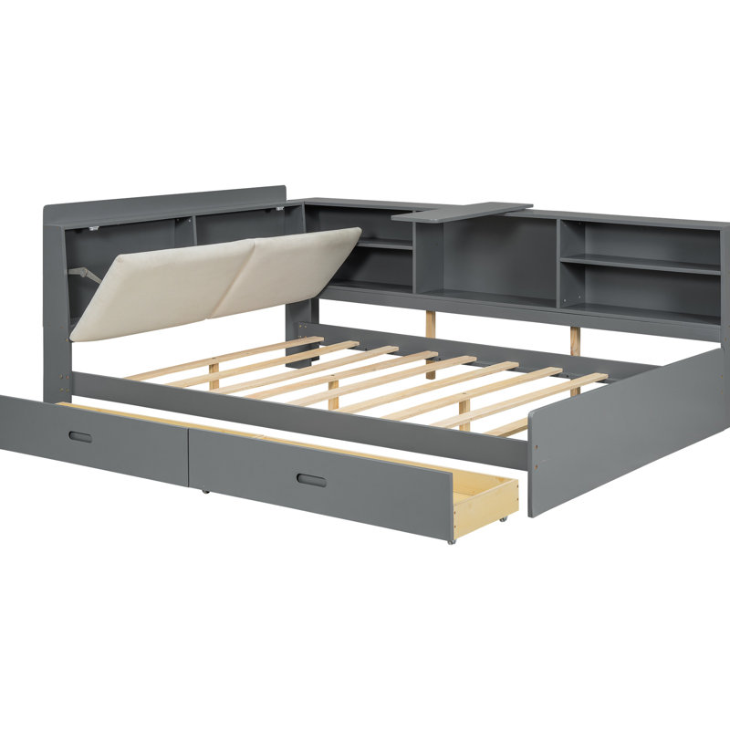 Gray Full Size Wood Bed Frame With Storage Headboard, 2 Drawers And Efficient Assembly Simple Steps, Gray