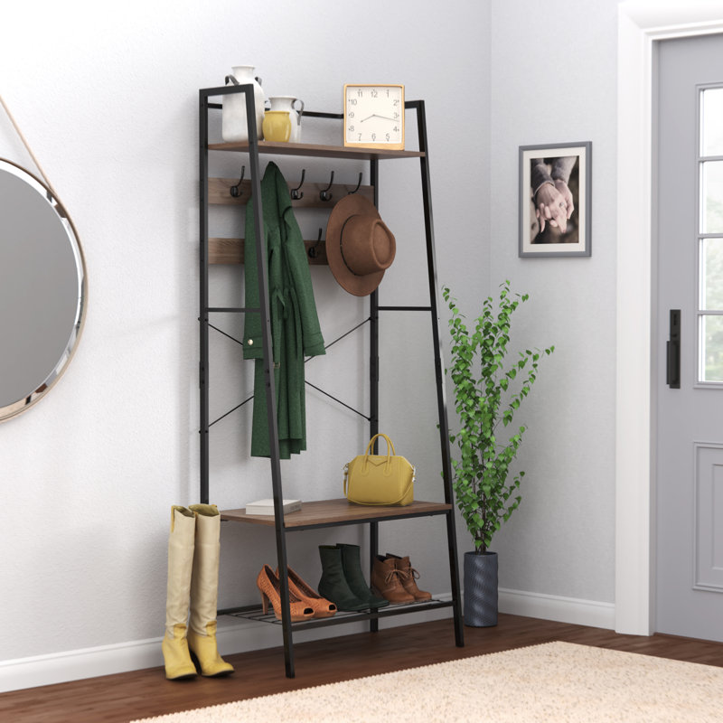 Weathered Gray Steel Hall Tree with Bench and Shoe Storage