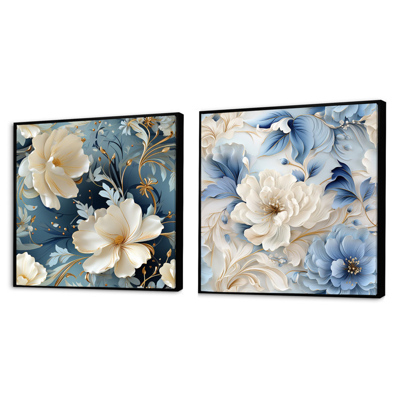 Halle - Ensemble de 2 collages carrés floraux, Cadre flottant noir, H 16 po x l 33 po