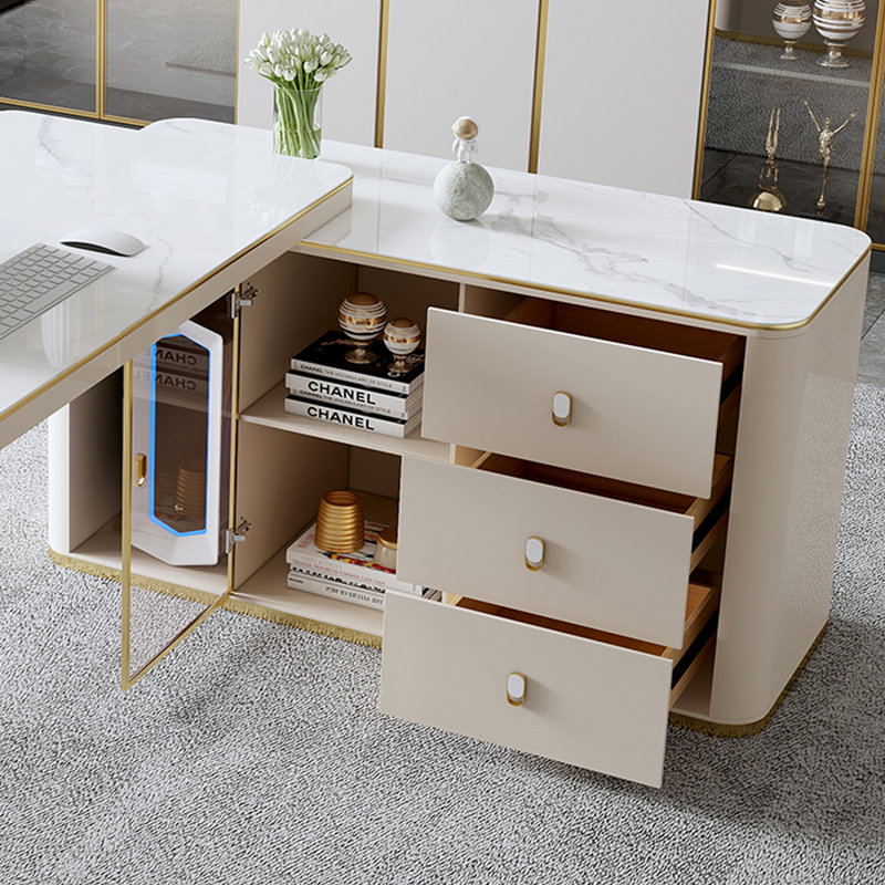Bureau de luxe en forme de L en pierre frittée / bureau d'ordinateur avec armoire, H 29,53 po x l 62,99 po x P 51,18 po