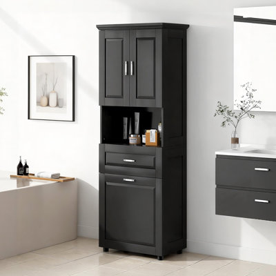 Grande armoire de salle de bain avec panier à linge intégré, grand panier inclinable et armoire de rangement supérieure