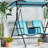 Blue 2-Person Porch Swing with Adjustable Canopy, Storage Table & Cup Holders