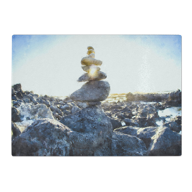 Tempered Glass Rock Cairns with Sunlight Chopping Board, 20 cm x 28.5 cm