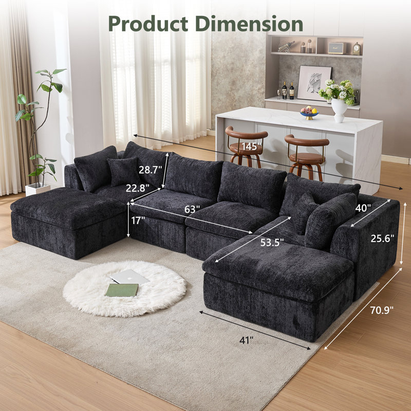 Canapé modulaire rembourré 6 pièces 6 pièces, Chenille noir, H 25,6 po x l 145 po x P 70,9 po