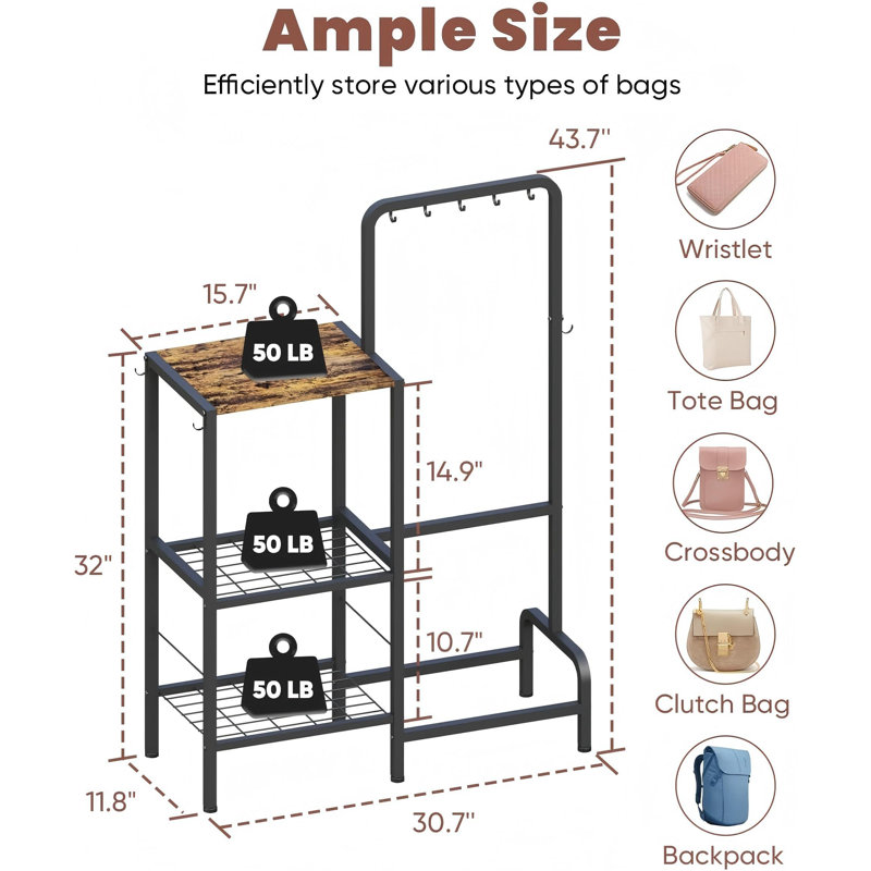 3-Tier Purse Organizer, High-Capacity Bag Holder With 8 Hooks, Multi-Functional Purse Rack For Various Bags, Handbag Display Stand Shelf For Closet, Bedroom, Entryway