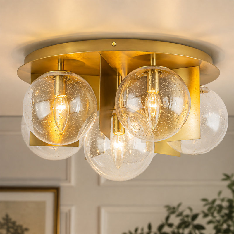 6-Light Modern Brass Finish Bubble Glass Flush Mount Ceiling Light