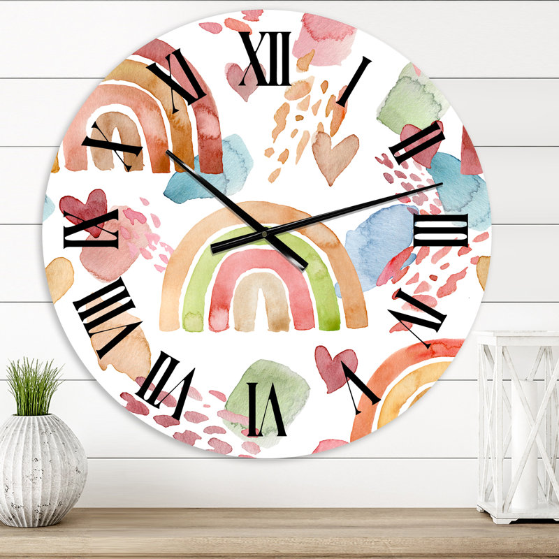 Multicolore arc-en-ciel, nuages et cœurs - horloge murale pour enfants, Surdimensionné