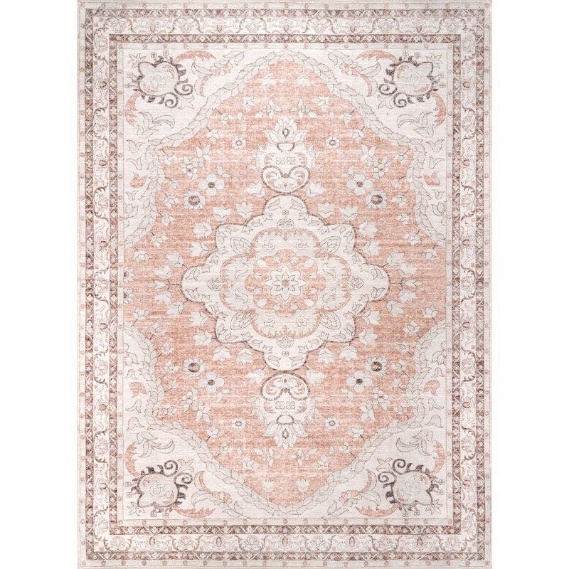 Ashtin Zahra Medallion Machine Washable Area Rug for Living Room Bedroom Dining Room Kitchen, Peach/Ivory, Square 6'