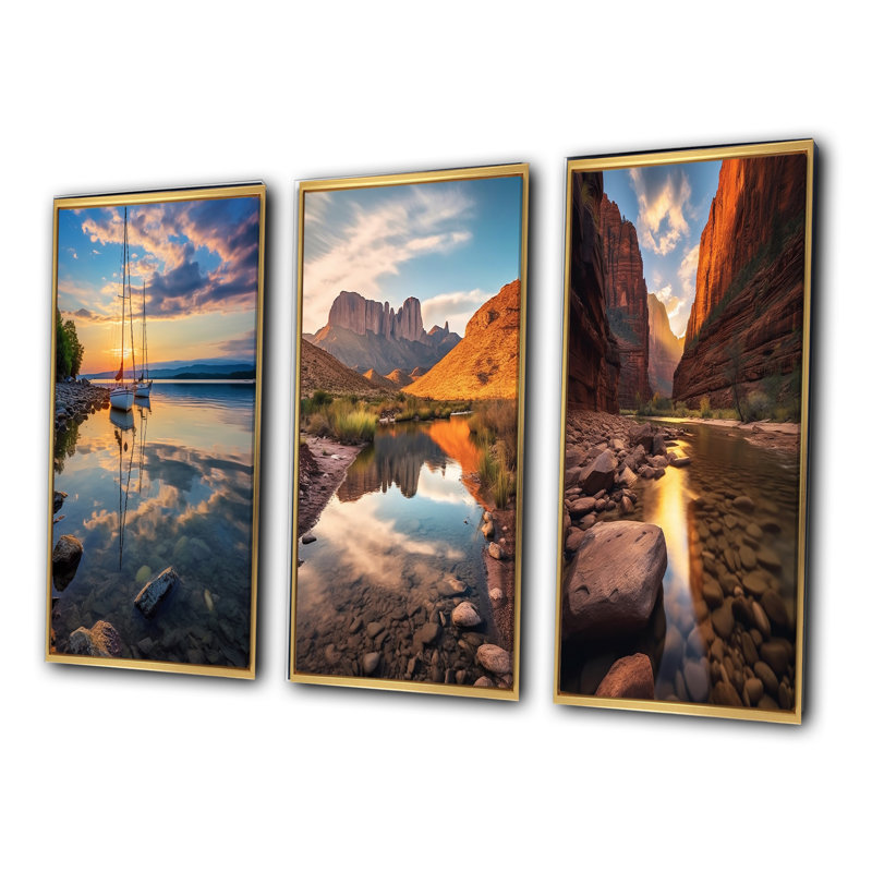 «Vermont Lake Champlain Senerity», 3 pièces, H 40 po x l 60 po, Cadre flottant doré