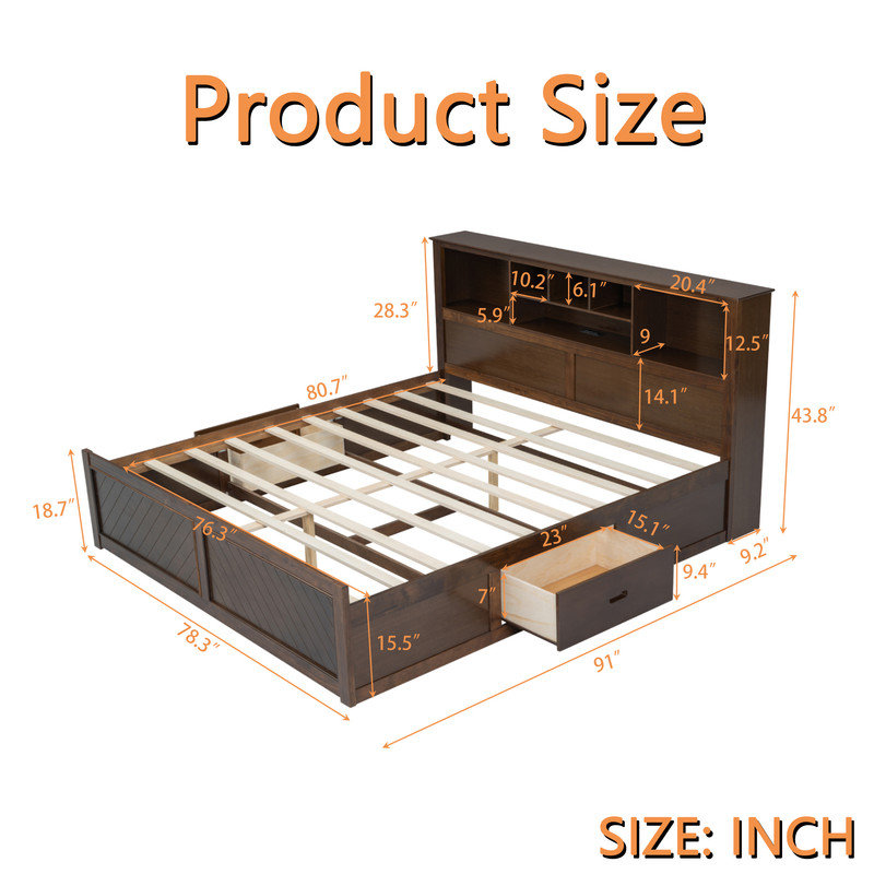Multi-function King Size  Platform Bed with Sockets, USB, 6 open Storage Compartments and Drawers, Wood