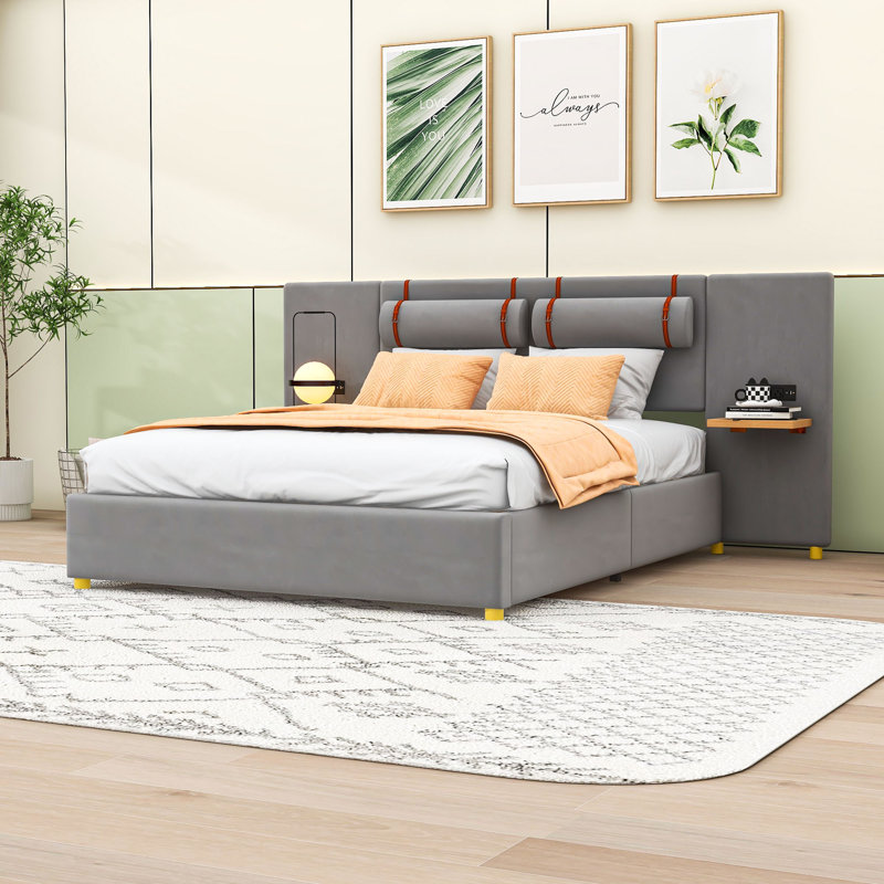 Lit plateforme tapissier avec prises intégrées et port USB et tablettes, gris, Grand