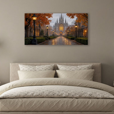 Canvas Wall Art Gothic Cathedral Facade Autumn Leaves Vintage Lanterns Cobblestone Wall Decor for Living Room Bathroom Bedroom Office 20"H x 40"W Art Paintings, Ready to Hang
