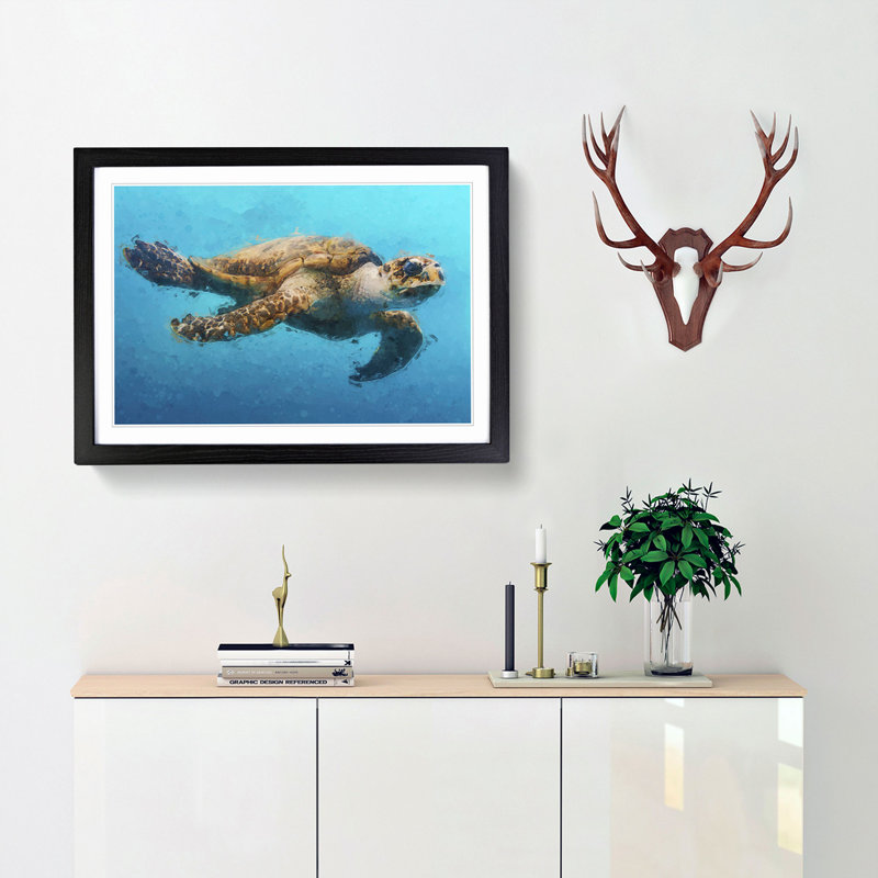 Swimming Sea Turtle in Abstract - Picture Frame Graphic Art Print, Black Framed, 62cm H x 87cm W x 2cm D