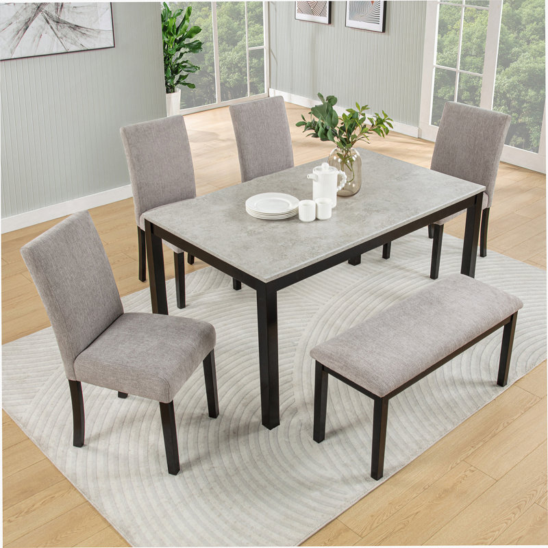 Ensemble de table de salle à manger 6 pièces, table de cuisine en bois avec 4 chaises rembourrées, 1 banc