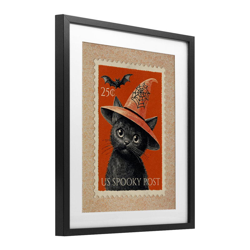 Timbre de chat noir rétro, impression sous verre, par Arlington Prints, Cadre noir minuit, H 16 po x l 13 po