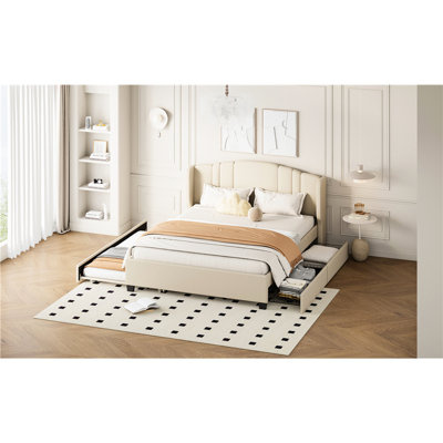 Beige Upholstered Platform Bed With Wingback Headboard, 2 Drawers, Twin Trundle Bed, No Box Spring, Queen Linen Upholstery Trundle, Size