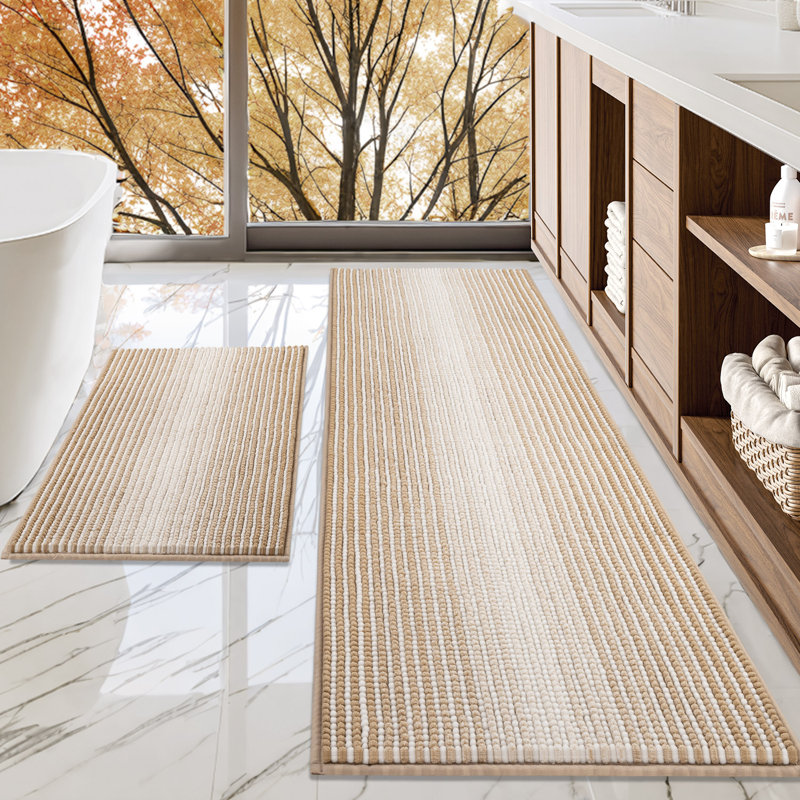 Luxury Fluffy Absorbent Non‑Slip Chenille Bath Rugs, Beige, 24" x 70" Plus 20" x 32"