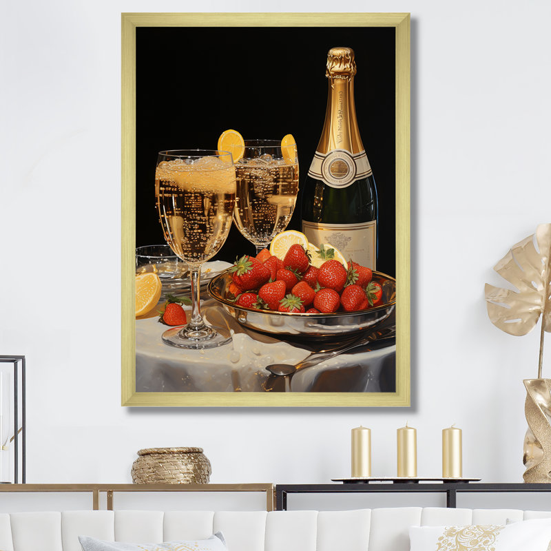 Champagne avec fraise - Champagne, art mural, Cadre doré simple, H 40 po x l 30 po x P 1,5 po
