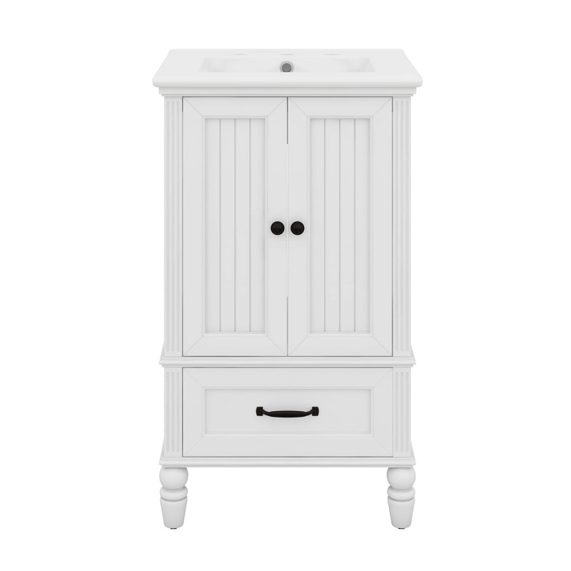 Meuble-lavabo de 20 po avec lavabo en céramique, armoire avec 2 portes et 1 tiroir, butoir de porte magnétique et repose-pieds réglable
