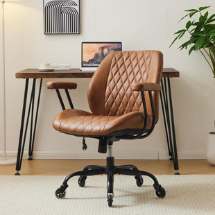 Brown Leather Home Office Desk Chair – Ergonomic Computer Chair With Lumbar Support, Adjustable Height, Rubber Casters, Rolling Swivel Executive Task Chair With Armrests