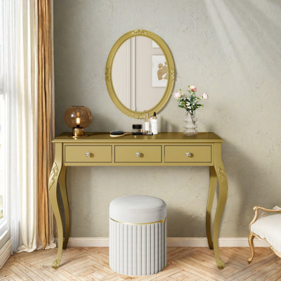 Luxury Makeup Vanity Desk With Oval Mirror, 3 Drawers And Intricate Carvings