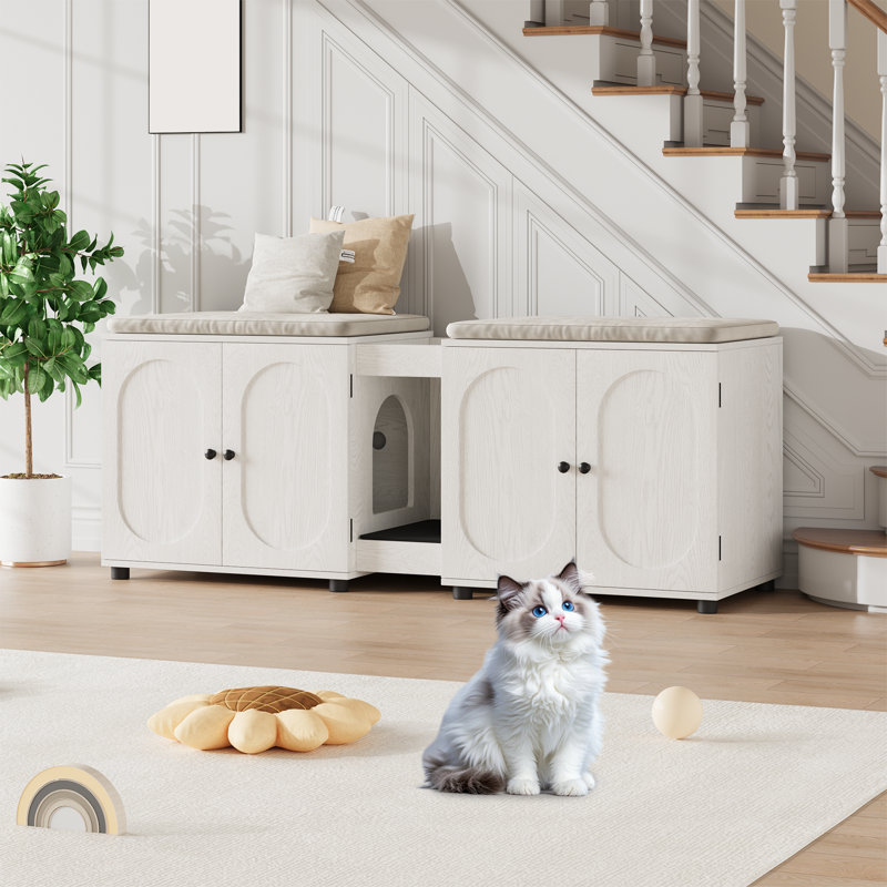 Enceinte de litière pour chat 55,1 po, double bac à litière en bois pour 2 chats, armoire à litière cachée pour chat avec litière pour chat