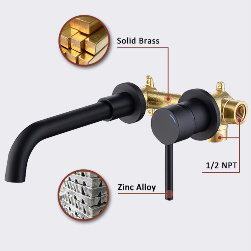 Robinet mural pour baignoire, noir mat, structure en laiton, poignée simple à 2 trous avec débit d'eau réglable et robinet de lavabo de salle de bain pratique, fabrication en métal, bec verseur de 2,76 pouces de hauteur