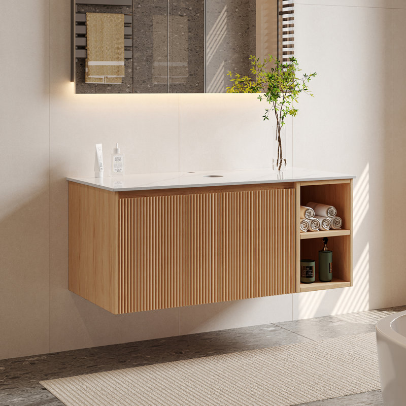 Meuble-lavabo simple 36 po avec plateau en pierre frittée, meuble-lavabo flottant en bois sans lavabo inclus, Bois clair, 36"