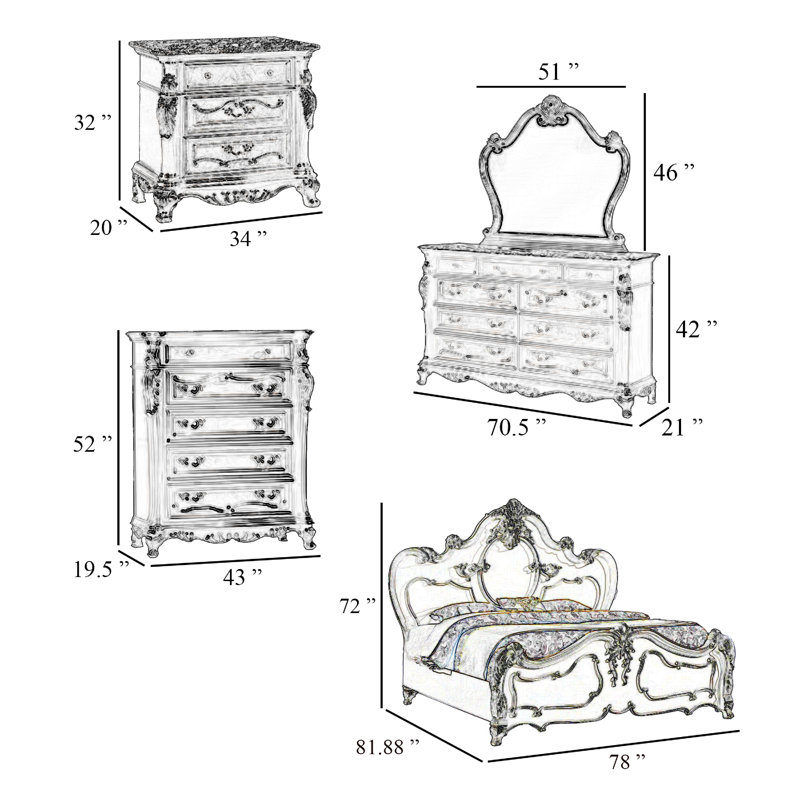 Ensemble de chambre avec grand lit 5 pièces Rosy