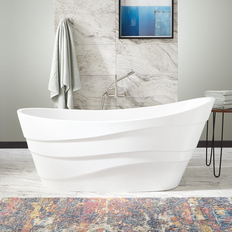 Baignoire de trempage autoportante en acrylique 67 po Amelia, Blanc / bordure blanche