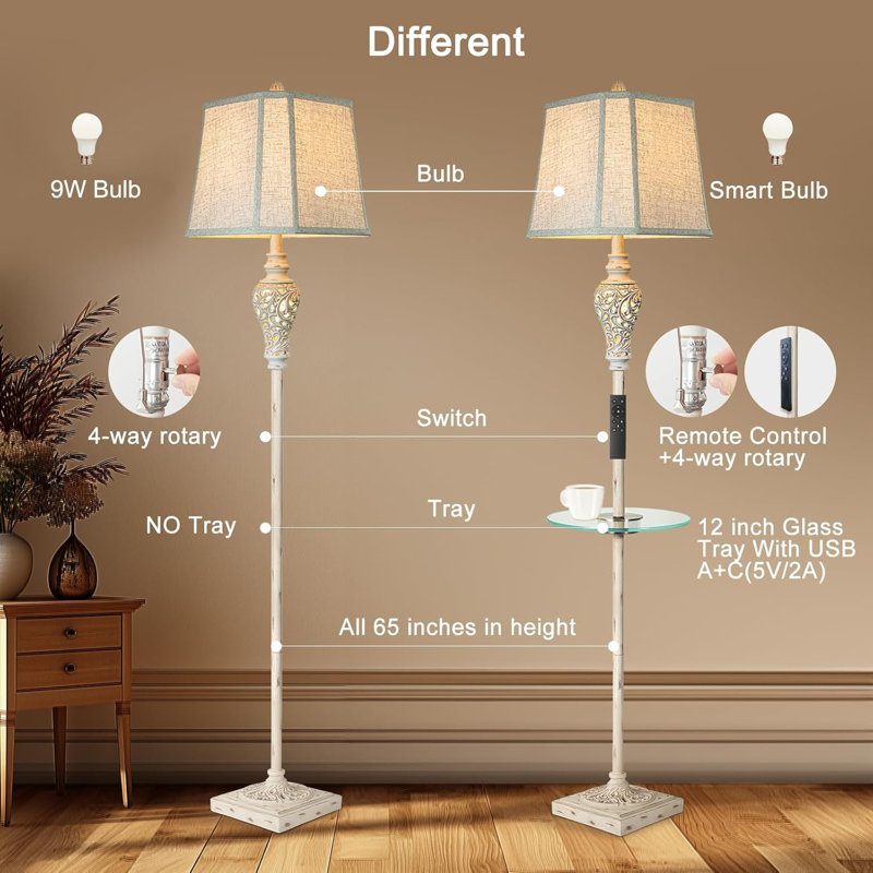 Lampe sur pied rustique avec plateau en verre, gradateur, télécommande et chargement USB