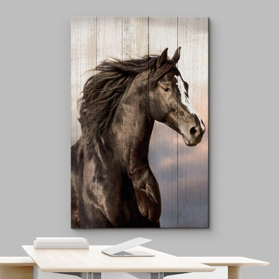 Horse " Retro Wood Effect Panel Black Beauty Stallion Animals Digital Art Farmhouse Rustic Wildlife "